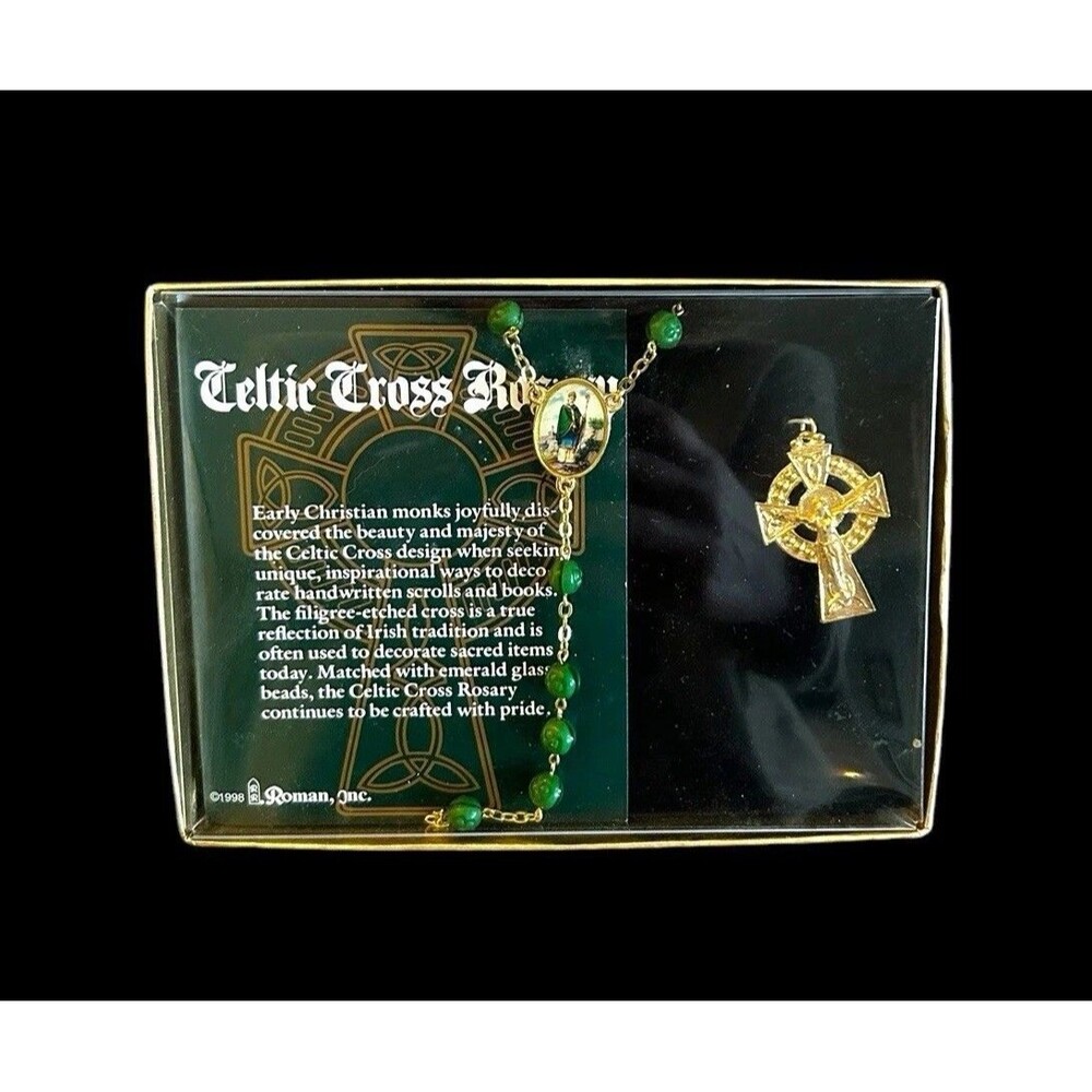 Vtg Rosary Celtic Cross Irish Emerald Green Glass Clover Beads Christian